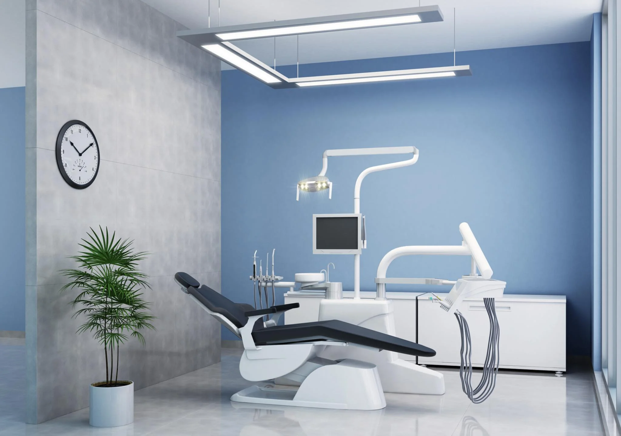 Bright, modern, and comfortable dental examination room with contemporary design