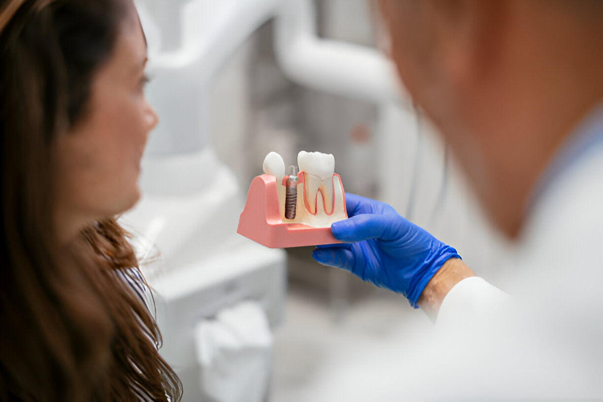 Dentist demonstrating dental implant model to patient in consultation