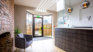 Zoomed-out view of a dentist receptionist area