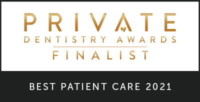 Private Dentistry Awards Best Patient Care 2021 logo on white background with black and white writing
