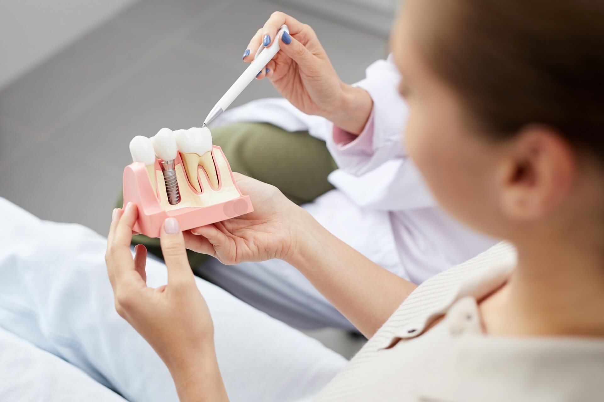 Dentist explaining a dental implant model to a patient during consultation.